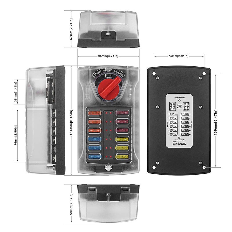 Jtron 12 Way Fuse Holder Box 12-32V with LED Warning Indicator Light Moisture-Proof Cover - with Negative Busbar Bracket, Suitable for Ships, Cars and Trucks, with 5A 10A 15A 20A 25A Plug Included - Image 4